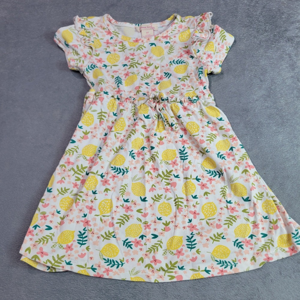 Emma & Elsa Dress Girls 3T White Yellow Lemon Floral Flutter Sleeve SK-KDD2108